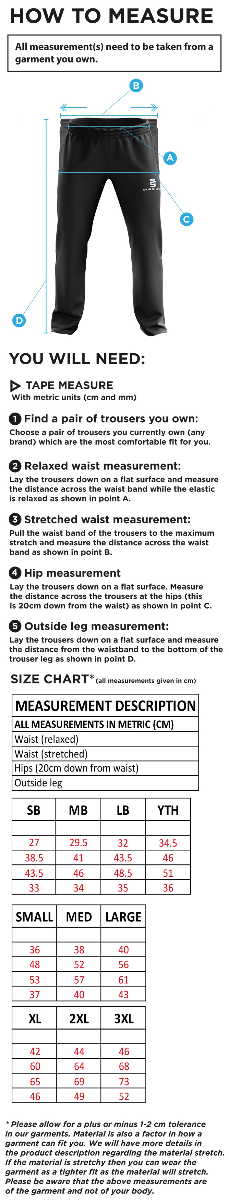 Flemish Giants - Rip Stop Track Pant - Size Guide