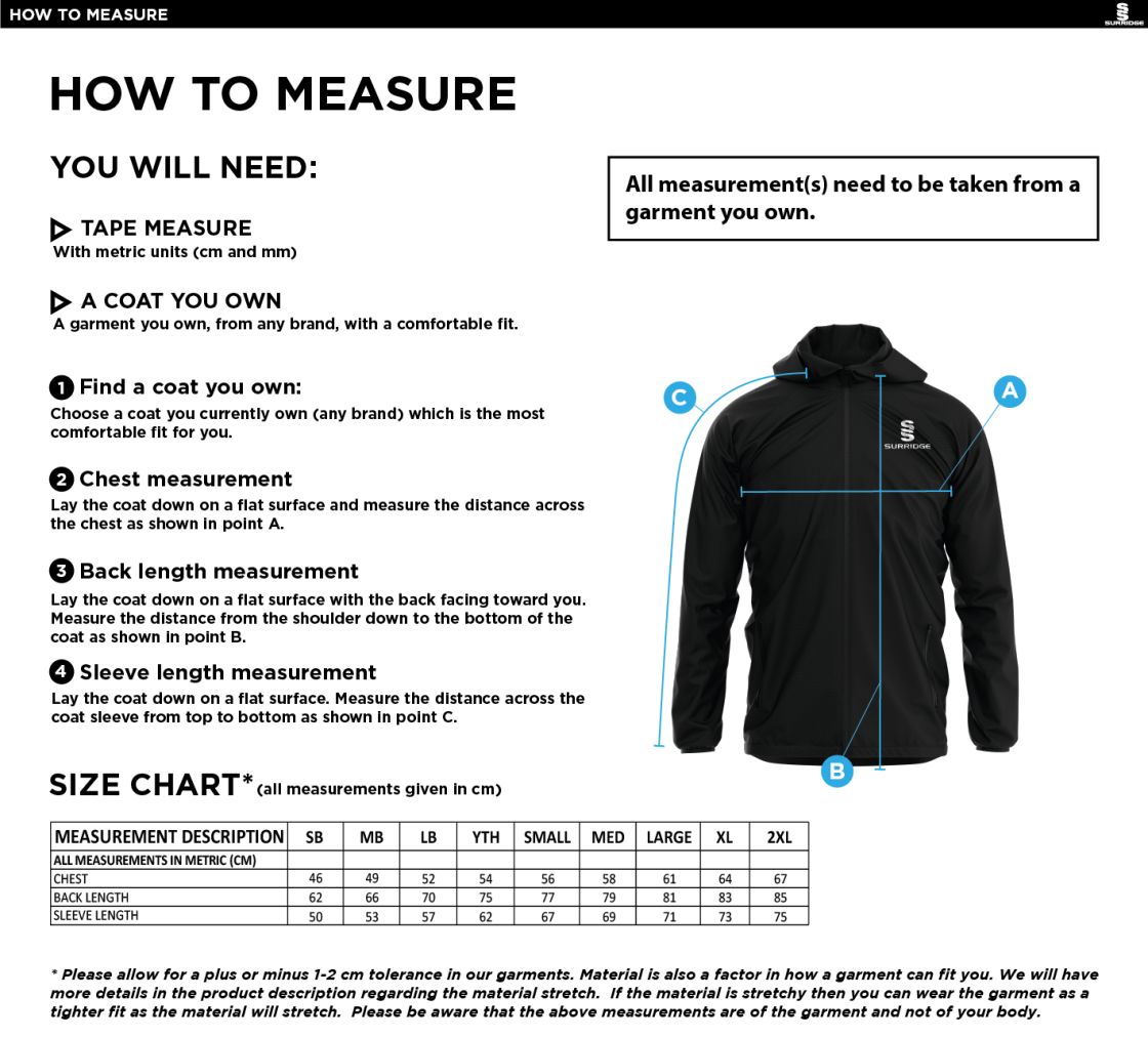Flemish Giants - Dual Elite 1/4 Zip Hoody / Rain Jacket - Size Guide