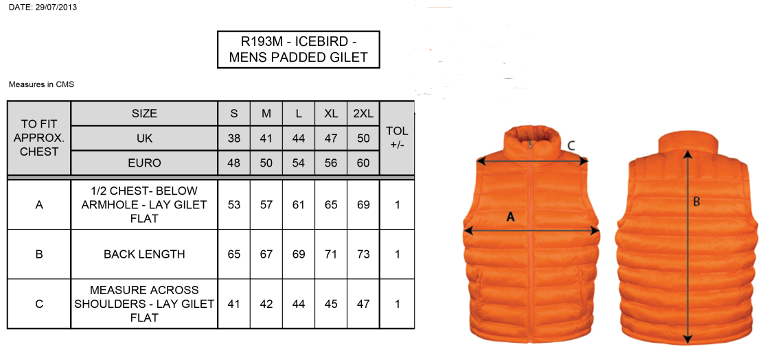 Flemish Giants - Padded Gilet - Size Guide