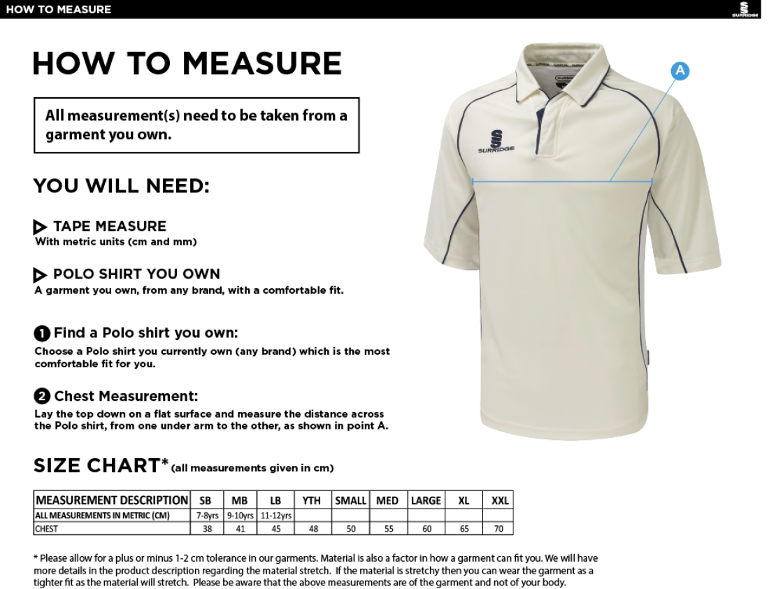Flemish - Premier Cricket Shirt - Short Sleeve Navy - Size Guide