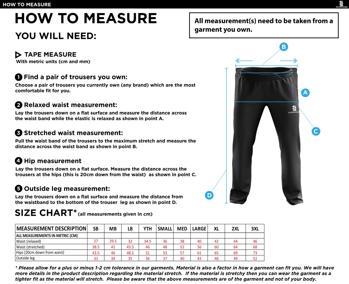 Flemish Giants - Rip Stop Track Pant - Size Guide