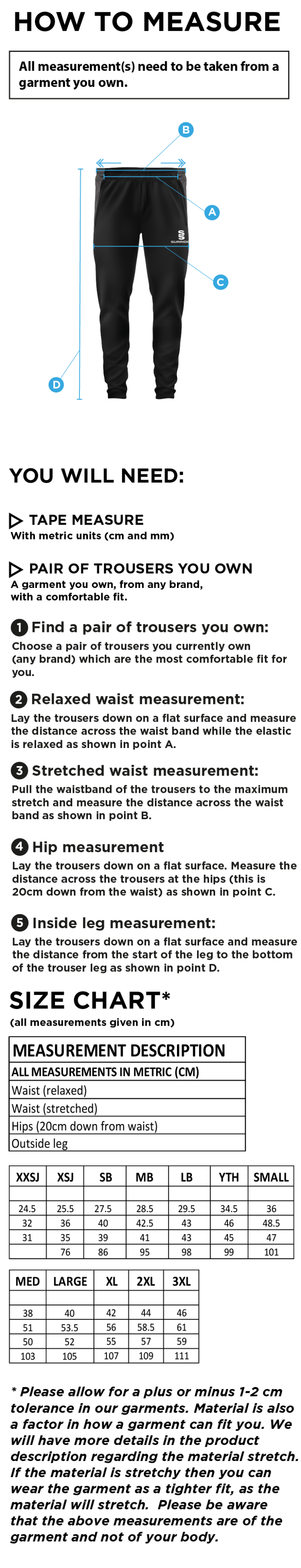 Flemish Giants - Tek Slim Training Pants - Size Guide