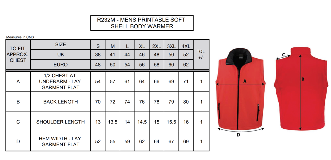 Flemish Giants - Softshell Gilet - White/Black - Size Guide