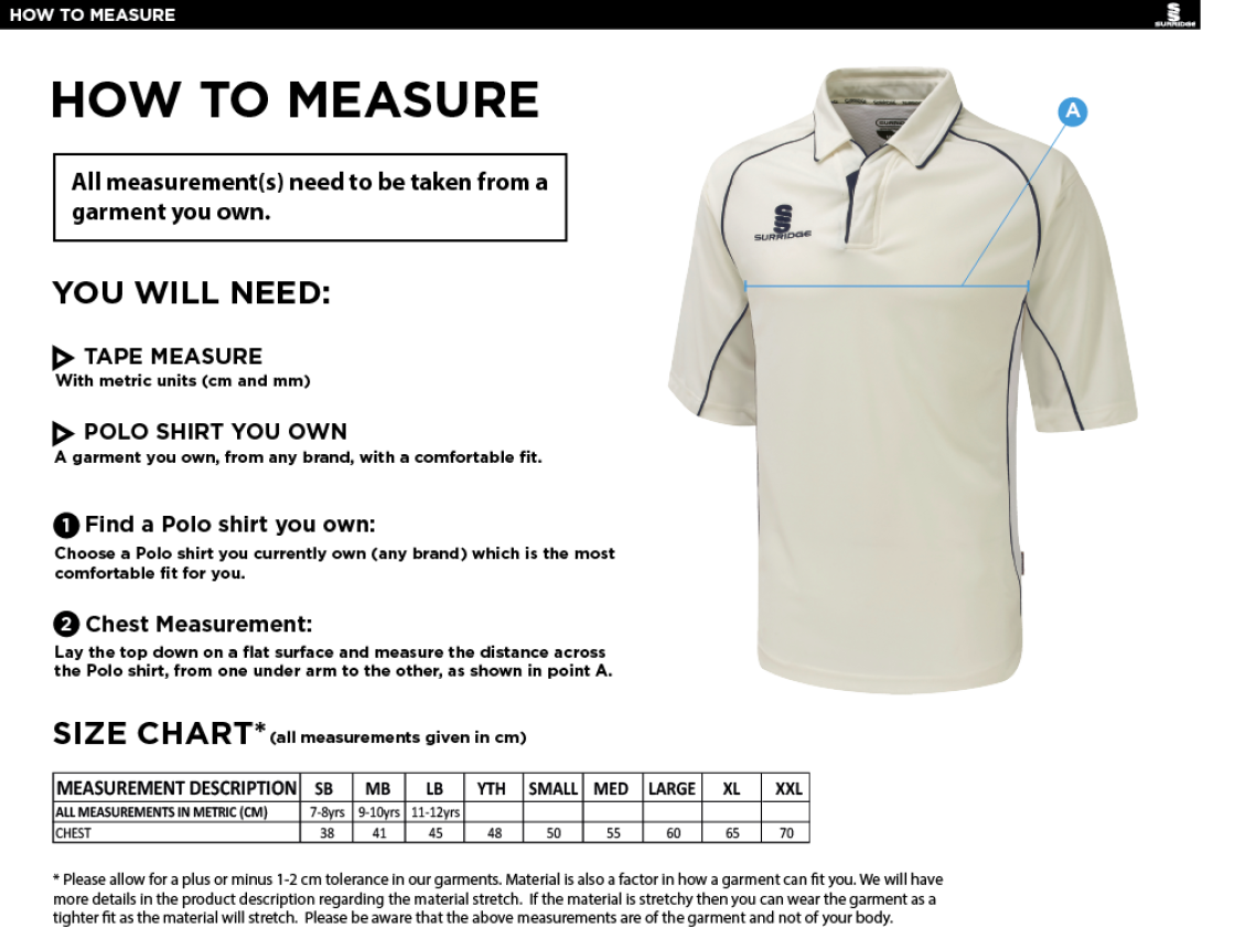 Flemish - Premier Cricket Shirt - Short Sleeve Navy - Size Guide