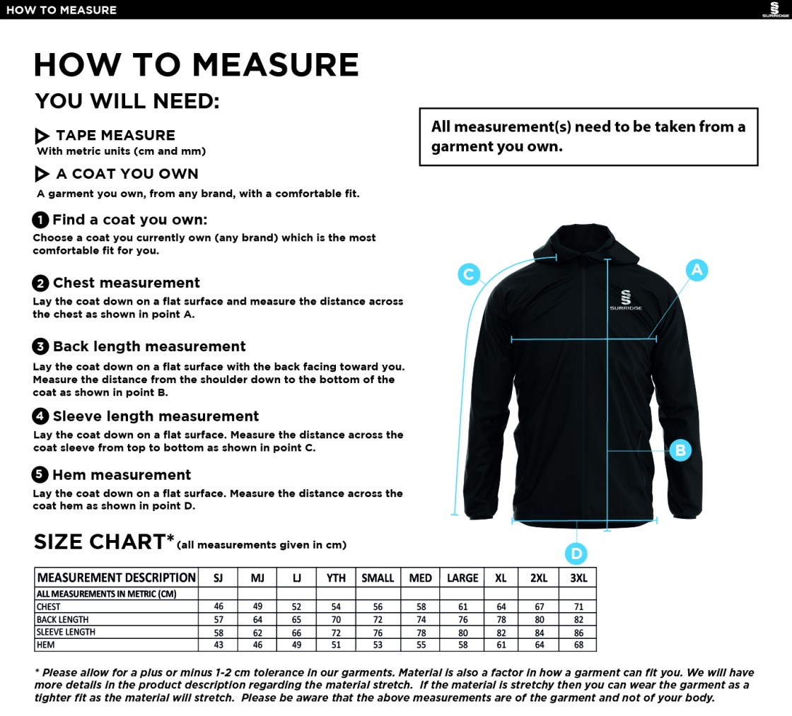 Flemish Giants - Dual Elite 1/4 Zip Hoody / Rain Jacket - Size Guide