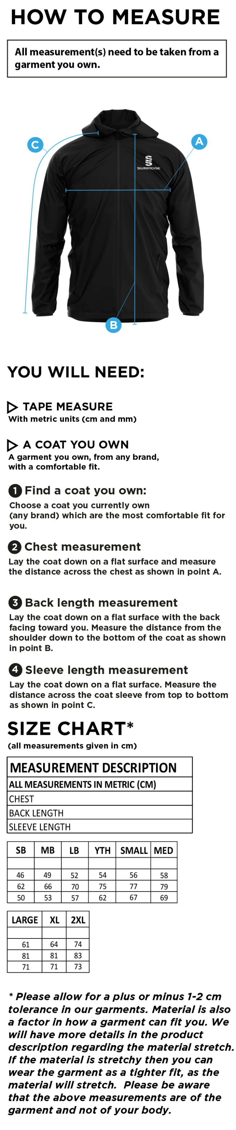 Flemish Giants - Dual Elite 1/4 Zip Hoody / Rain Jacket - Size Guide