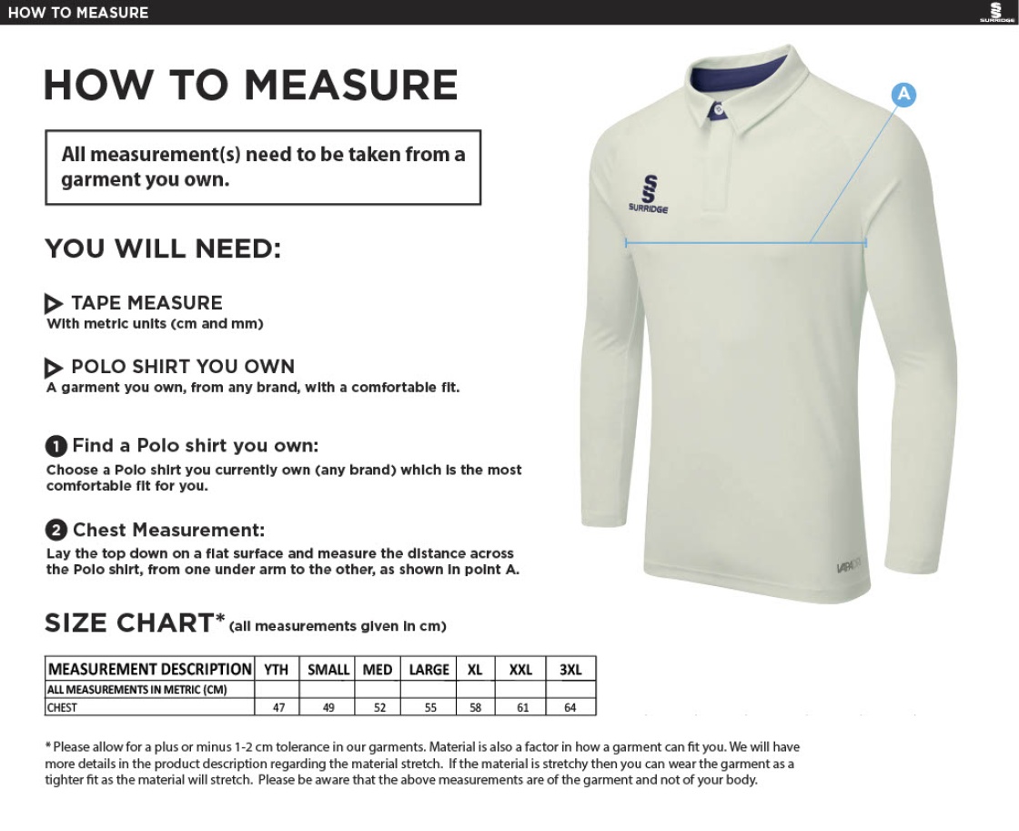 Flemish Giants - Ergo Long Sleeve Cricket Shirt Navy - Size Guide